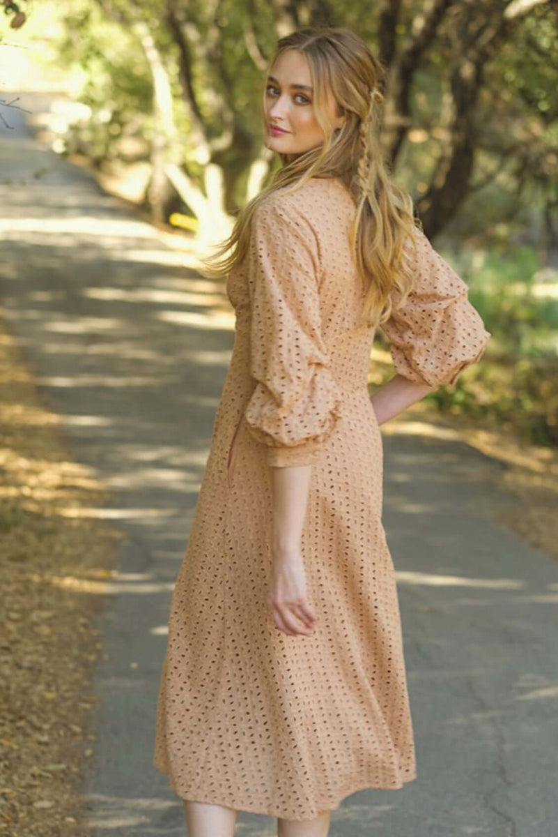 eyelet summer dress Romantic Tan Eyelet Midi Dress