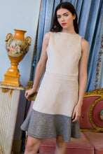 THML cream suede sleeveless dress with gray stipe hemline front. 