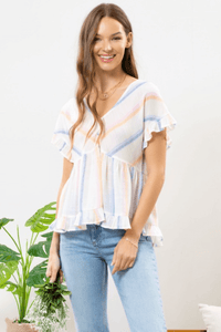 Flattering silhouette peplum shirt with multicolor stripes