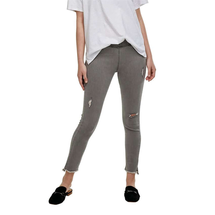 Women's Mud Pie brand grey stretched distressed style jean leggings front.
