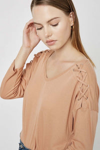 Women's-casual-mid-sleeve-kaki-shirt-fabric-stitch-detail-on-shoulder