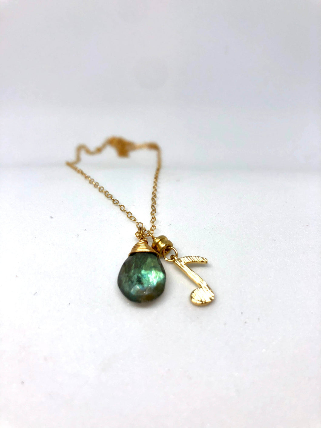Gold handmade music note with green labradorite briolette stone necklace. 