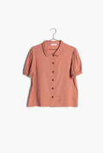 Mod Ref dusty pink collard button front short sleeve shirt front.  