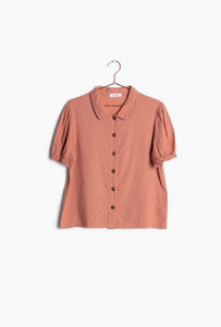 Mod Ref dusty pink collard button front short sleeve shirt front.  