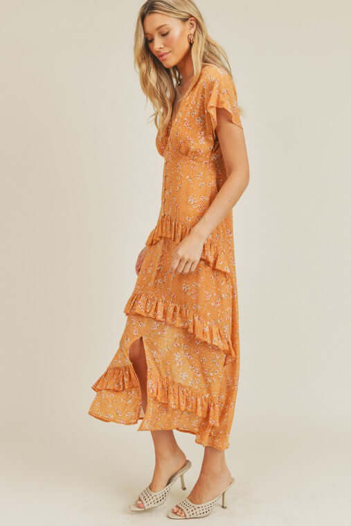 Floral Print Orange Tiered Ruffle Midi Dress Summer Wedding Guest Look Floral Print Orange Tiered Ruffle Midi Dress Summer Wedding Guest Look