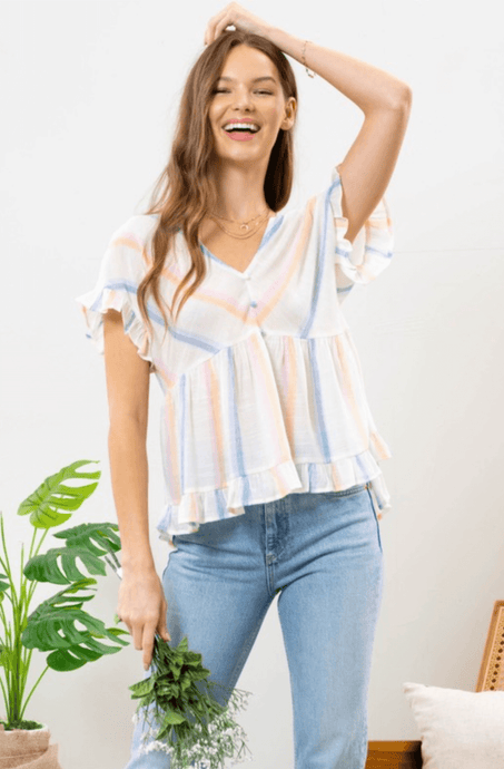 Multi color striped peplum shirt with vibrant pattern