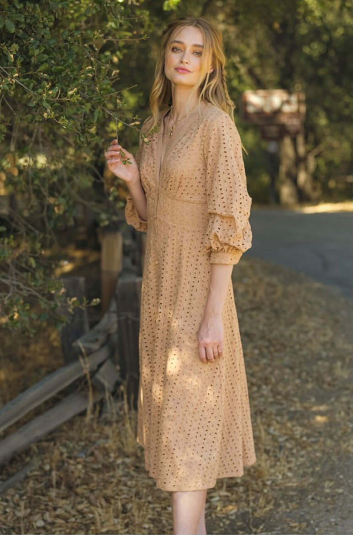 Romantic Tan Eyelet Midi Dress | Elegant and Feminine Summer Attire Romantic Tan Eyelet Midi Dress | Elegant and Feminine Summer Attire