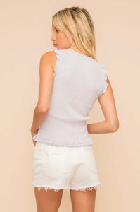 Casual and playful purple ribbed knit tank top with ruffle embellishment