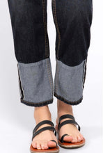POL brand dark denim vintage wash women's straight leg jeans with cuff detail closeup.