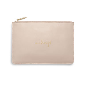 Katie Loxton Close-up of Dusty Pink Pouch with Gold Lettering pink Hello Beautiful Perfect Pouch. 