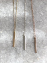 Three elegant bar pendant on an 18" chain costume jewelry necklace in gold, silver, and rose gold front.