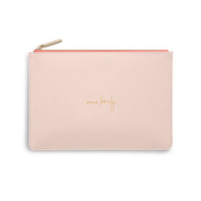 Close-up of Pink Pouch with Gold Lettering