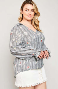 Modest plus women's wrap top flower print shirt with long sleeves and ruffle details side.