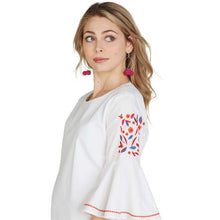 Woman looking off to the side wearing white mini dress with embroidered floral flare bell sleeves side.