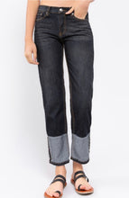 POL brand dark denim vintage wash women's straight leg jeans with cuff detail front.