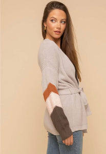Grey belted color block cardigan 