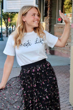 Women's white shirt with black graphic lettering Sweet Life and white and black pearl accents front. 