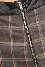 Plaid pencil skirt with vegan leather waistline and side zipper front.