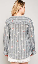 Modest plus women's wrap top flower print shirt with long sleeves and ruffle details back.