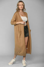 Camel color maxi length soft knitted women's cardigan with two front pockets duster style front. 