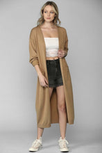 Camel color maxi length soft knitted women's cardigan with two front pockets duster style front. 