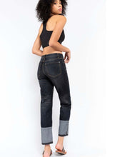 POL brand dark denim vintage wash women's straight leg jeans with cuff detail side.