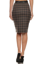 Plaid pencil skirt with vegan leather waistline and side zipper back.