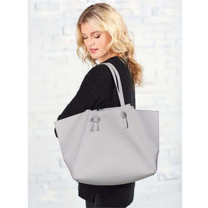 Grey oversize faux leather tote bag from Mud Pie brand.