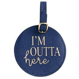 Round blue faux leather luggage tag with gold writing  I'm Outta Here