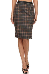 Plaid pencil skirt with vegan leather waistline and side zipper front.