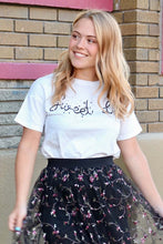 Women's white shirt with black graphic lettering Sweet Life and white and black pearl accents front. 