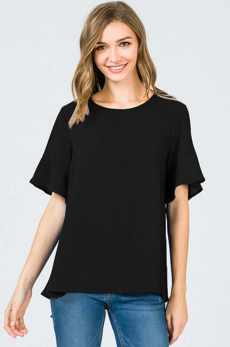 Women's black loose fit blouse with  bell style short sleeves.