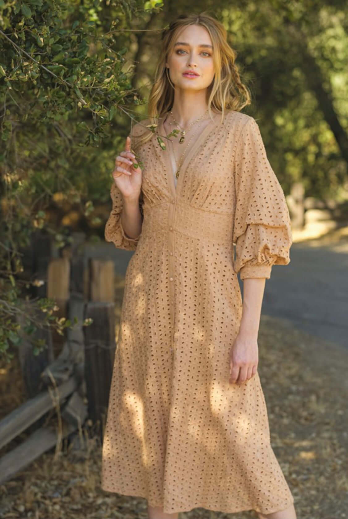Romantic Tan Eyelet Midi Dress | Elegant and Feminine Summer Attire Romantic Tan Eyelet Midi Dress | Elegant and Feminine Summer Attire